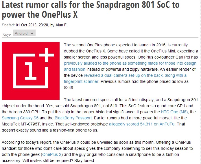 搭載驍龍801，一加低配版或命名OnePlus X