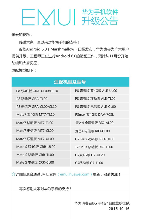 華為、榮耀Android 6.0升級(jí)名單曝光，11月推送