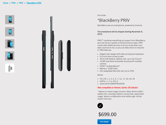 黑莓首款安卓機PRIV開售:約4440元