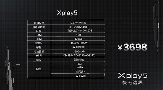 曲面屏6G內(nèi)存，vivo Xplay5發(fā)布3698元起