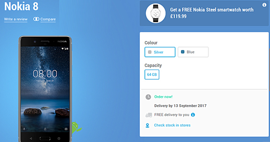 諾基亞8在英售價4218元,購買即送Nokia Steel手表