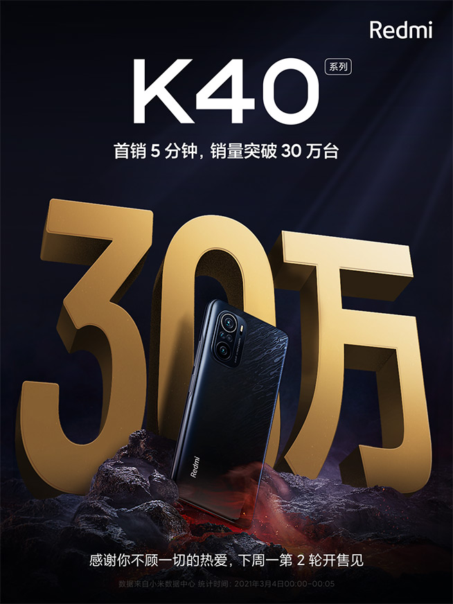 首銷5分鐘破30萬臺！Redmi K40系列坐實旗艦焊門員