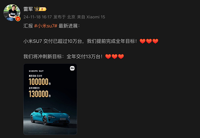 小米汽車沖刺13萬臺年交付量新目標(biāo)！雷軍驚嘆SU7 Ultra一項(xiàng)數(shù)據(jù)